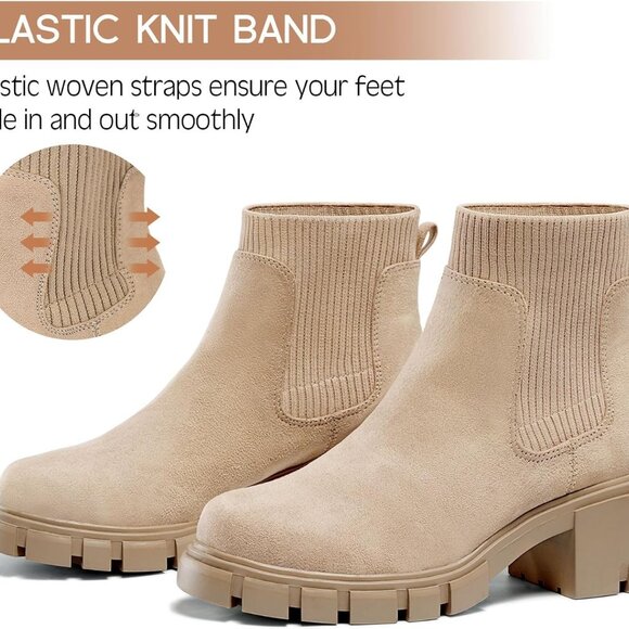 Womens Chelsea Boots Elastic Ankle Booties Chunky Mid Heel Lug Sole Slip On Fall - Picture 3 of 5